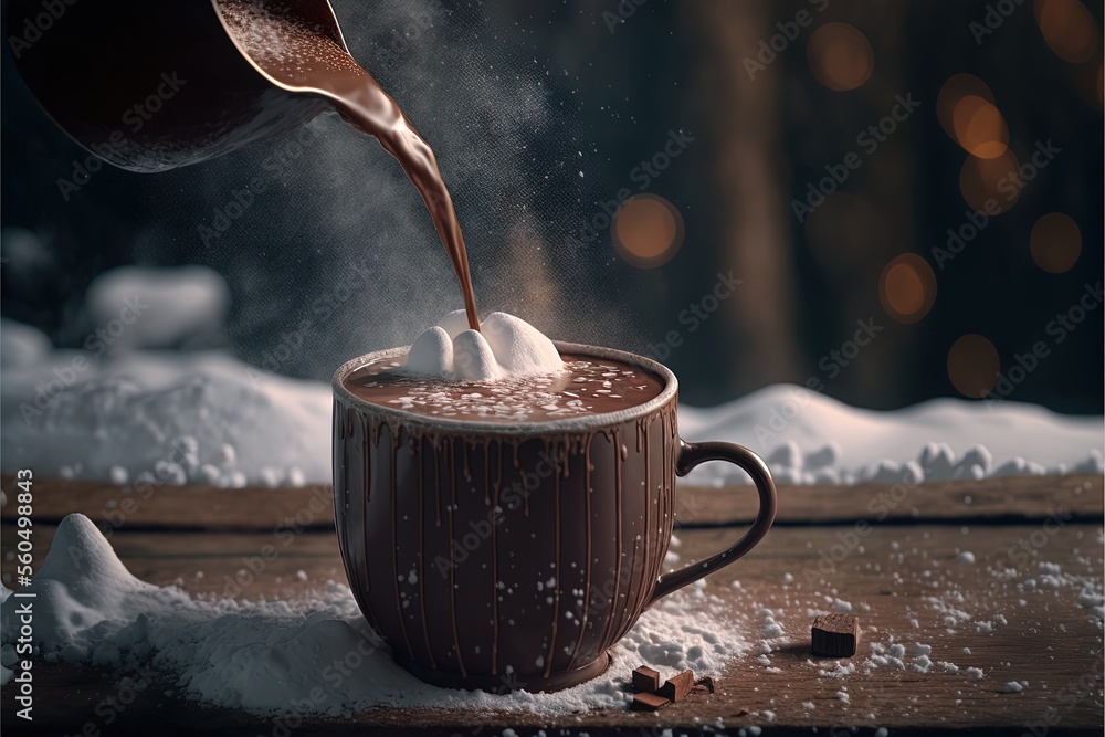Poster a cup of hot chocolate being poured into it with a spoon in it and snow on the ground around it and 