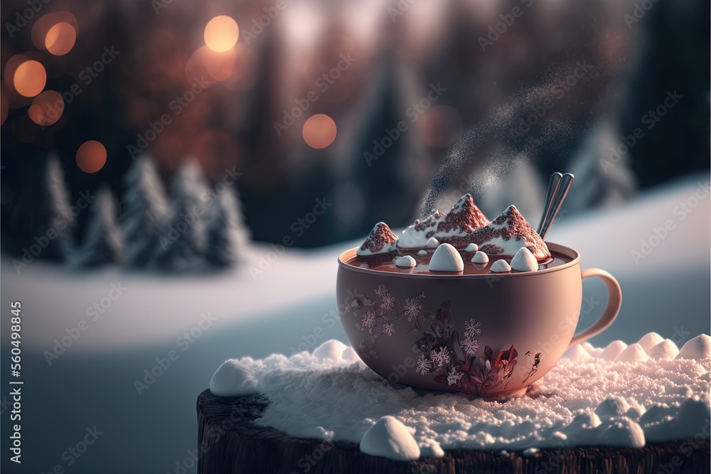 Poster  a cup of hot chocolate with marshmallows and marshmallows in it on a snowy surface with a christmas tree in the background and a blurry light of lights in the distance.  generative Generative AI