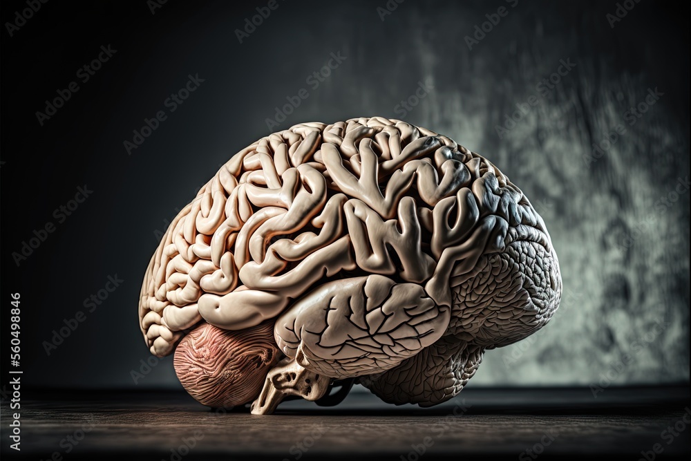 Poster a model of a human brain on a table in front of a window, with a dark background the brain is in the