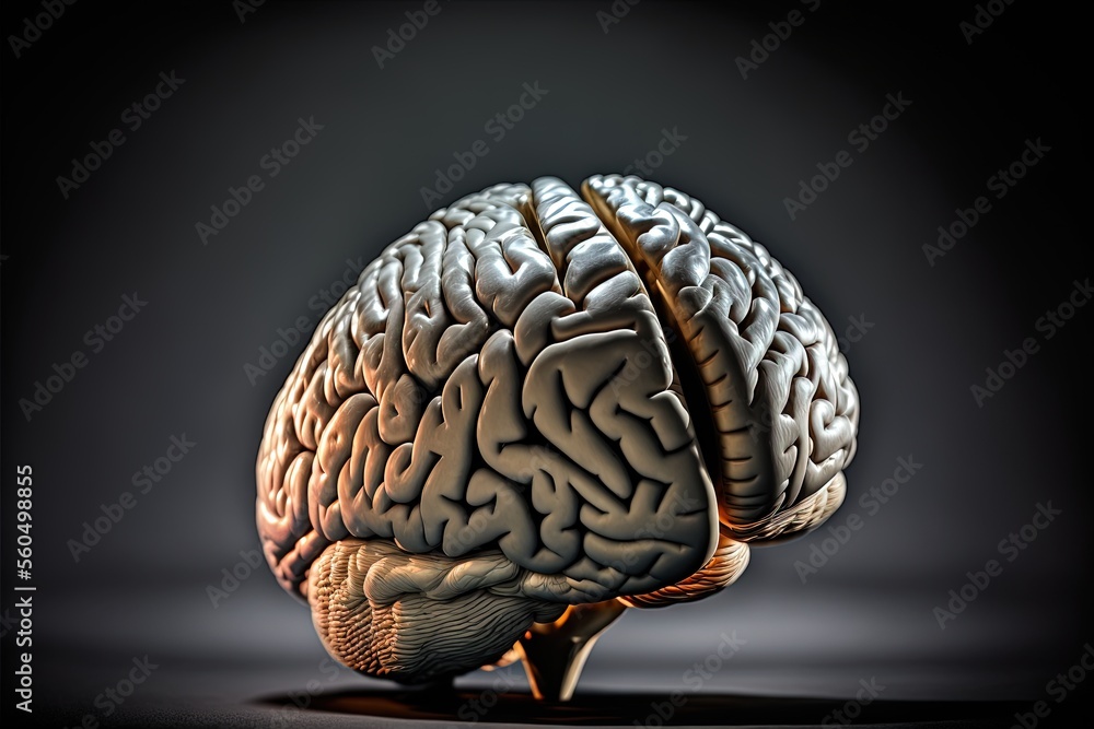 Poster a large brain is shown in the dark room with a black background and a light shining on it's side and