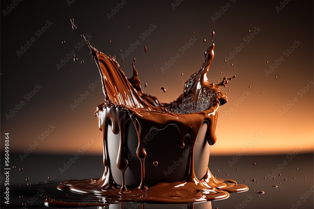 Poster a chocolate splashing into a glass of chocolate milkshake on a black surface with a brown background
