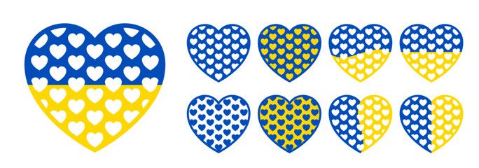 Set of heart shape stickers with heart pattern for Ukraine support. Save Ukraine icon is a patriotic concept in the colors of the Ukrainian flag. Vector graphic illustration for social media design