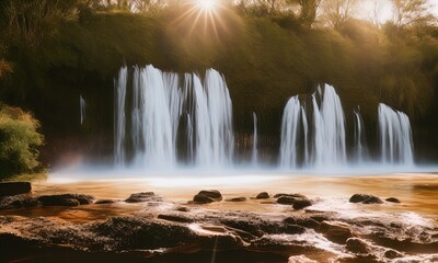 A waterfall in the middle of a jungle. 