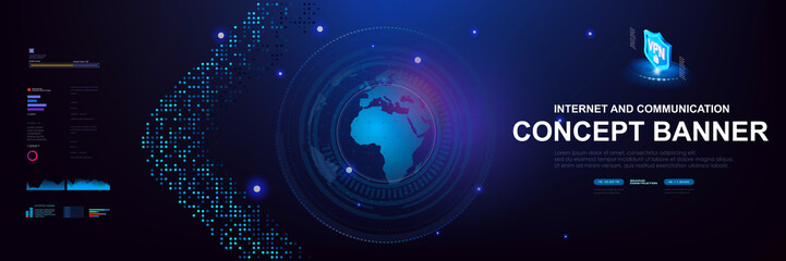 Internet of new generation. Concept banner. Globe with information exchange and internet connection. World Internet networks and communications. Technology cyber background with HUD elements
