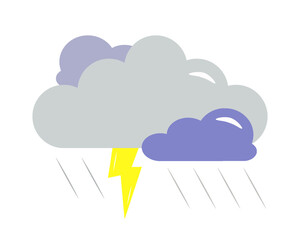 Obraz premium A rain cloud with lightning and raindrops. Lightning and thunderstorm icon. Vector flat illustration
