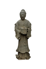 Granite carved antique Chinese woman holding a box isolated on white background. Ancient Stone Chinese woman sculpture in Wat Pho temple in Bangkok, Thailand. 