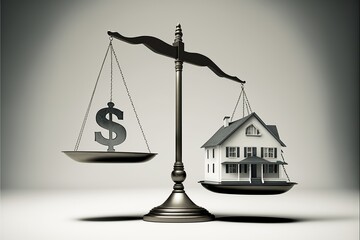 Scales with house on one side and money on the other, white background. Digital illustration. AI