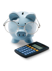 Finance a calculator with button and Piggybank