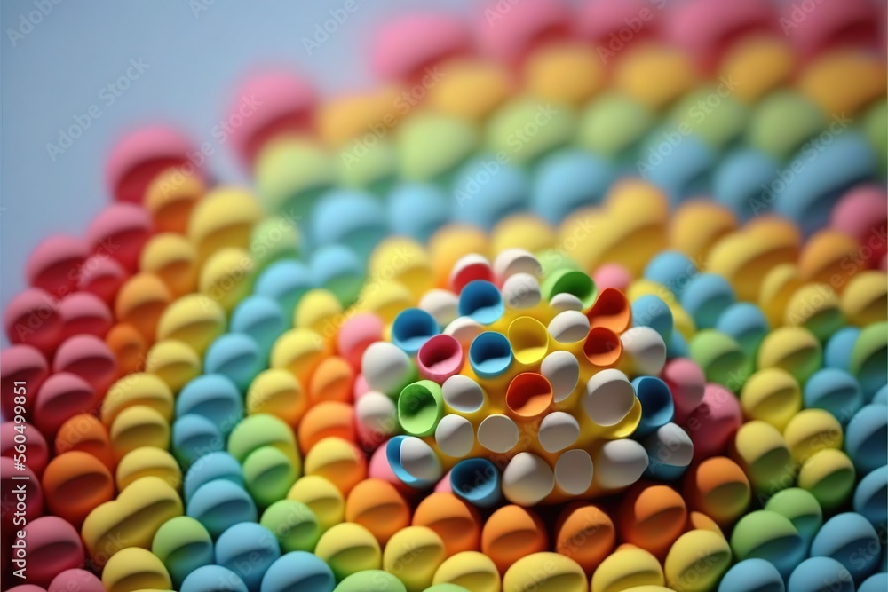 Poster a colorful object made of plastic beads on a table top with a blue background and a white circle in 