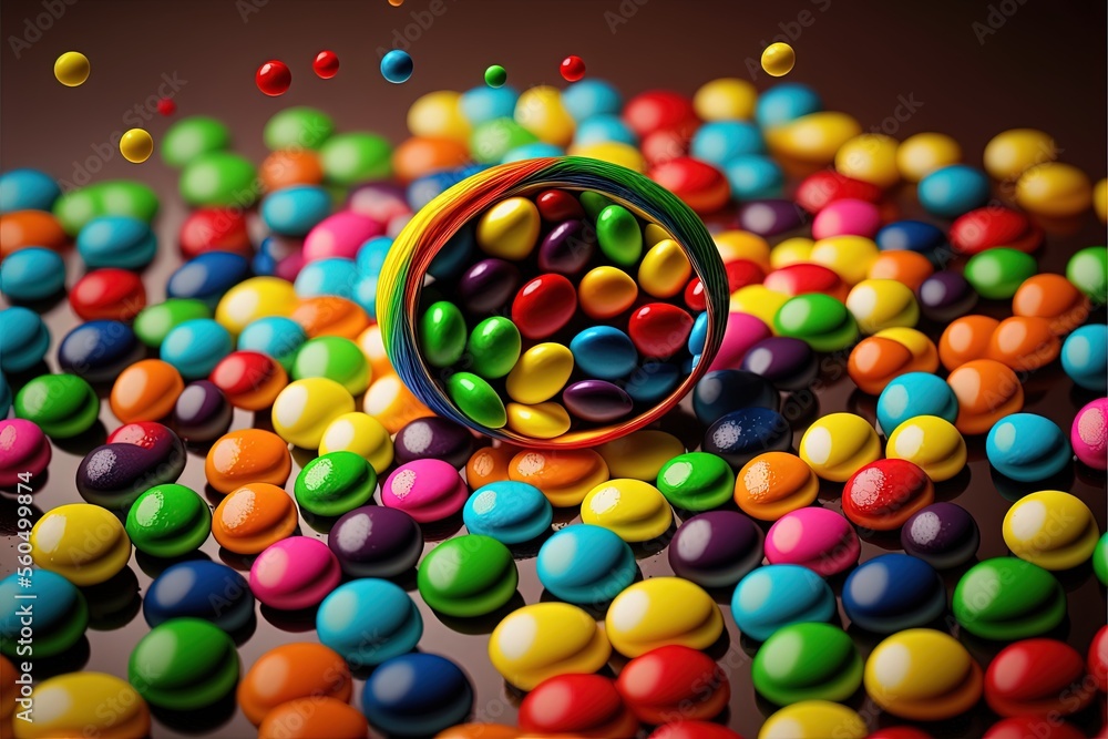 Poster a colorful toy surrounded by many colored balls and a toy ring on the ground with a brown background