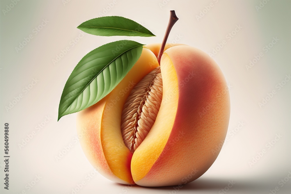 Poster a peach with a leaf on top of it and a piece of fruit in the middle of it with a green leaf on top o