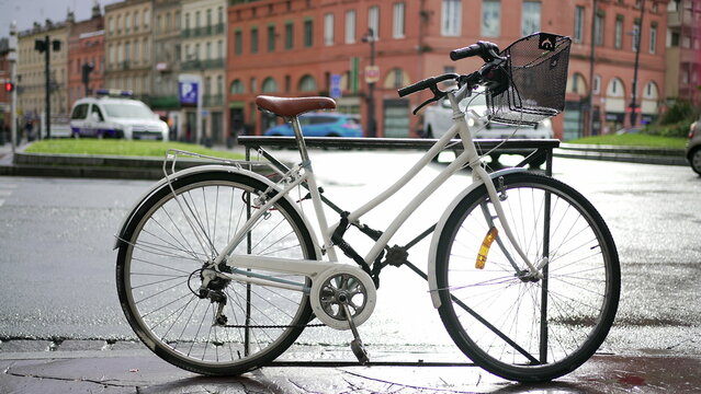 Parked bycicle in city. Bike in city