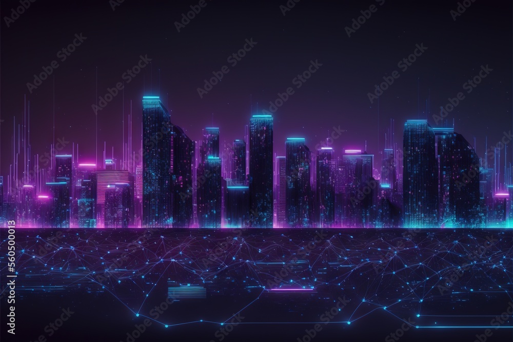 Poster a city skyline with lines and dots in the foreground and a purple and blue background with lines and