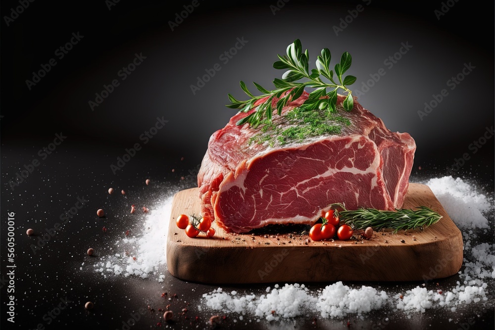 Poster a piece of meat on a cutting board with herbs and salt around it on a black background with a black 