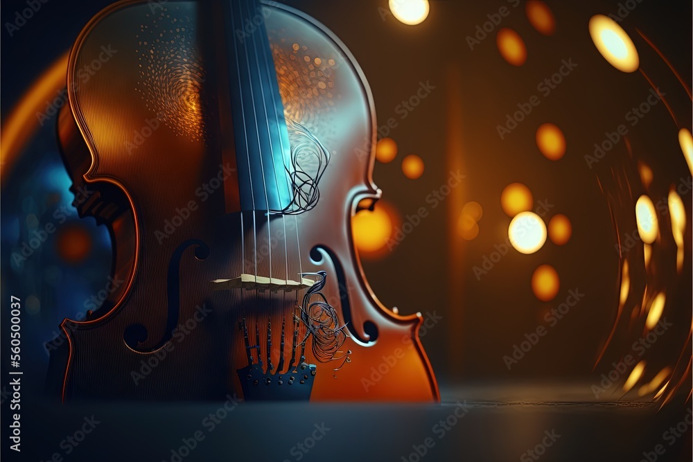 Aufkleber a violin sitting on a table with a light shining on it's back side and a blurry background behind it