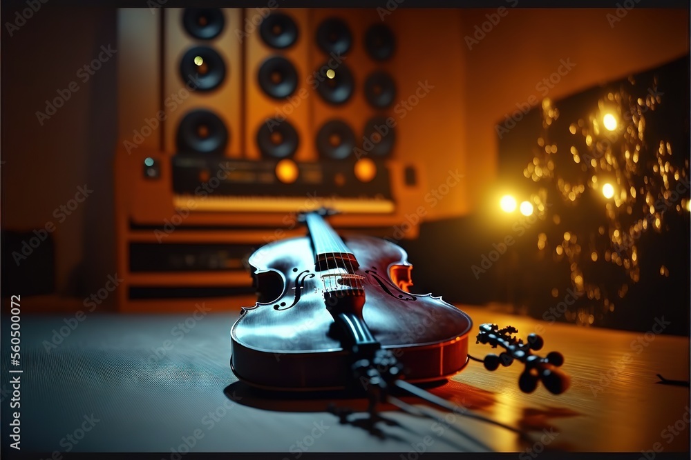 Poster a violin laying on a table with a pair of scissors and a bow on it's side, with a sound board in the
