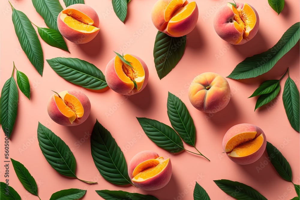 Poster a peach with leaves and slices on a pink background with a pink background and a peach with green le