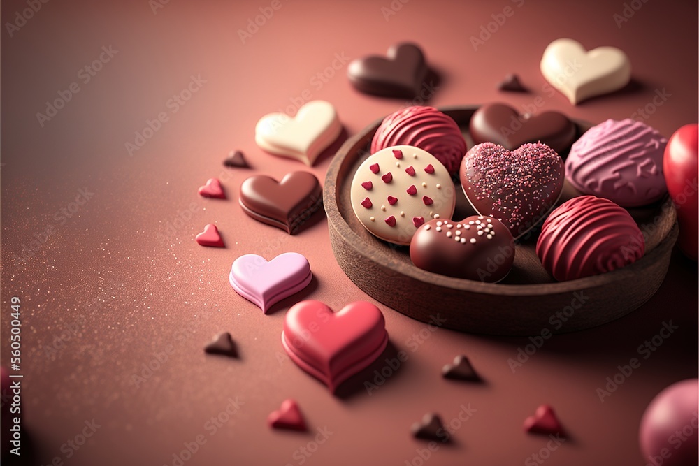 Aufkleber a bowl of heart shaped chocolates on a table with hearts scattered around it and a spoon with a spoo