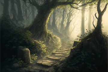 Dense forest with stone path, sun rays and fog. Digital illustration. AI