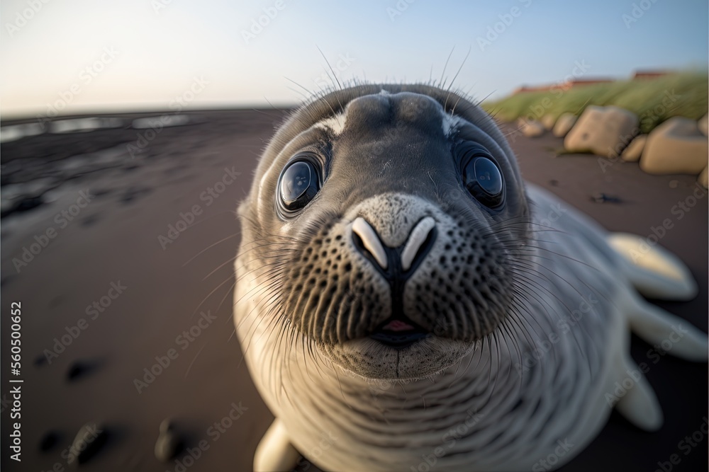 Poster a close up of a seal on a beach with a sky background and a building in the background with a blue s
