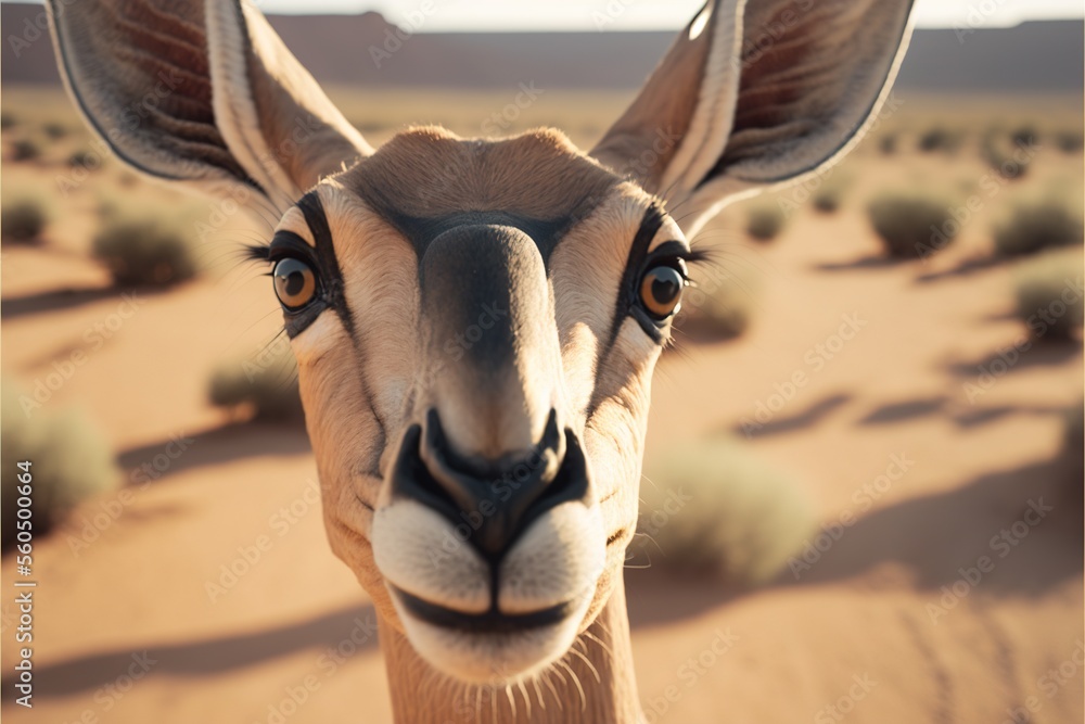 Poster a close up of a goat in a desert area with a sky background and a desert landscape in the background