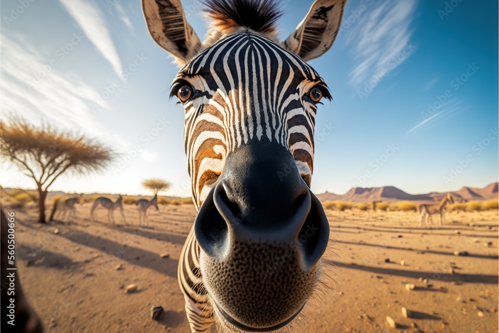 Poster a zebra is looking at the camera with a sky background and some trees in the background with a few c