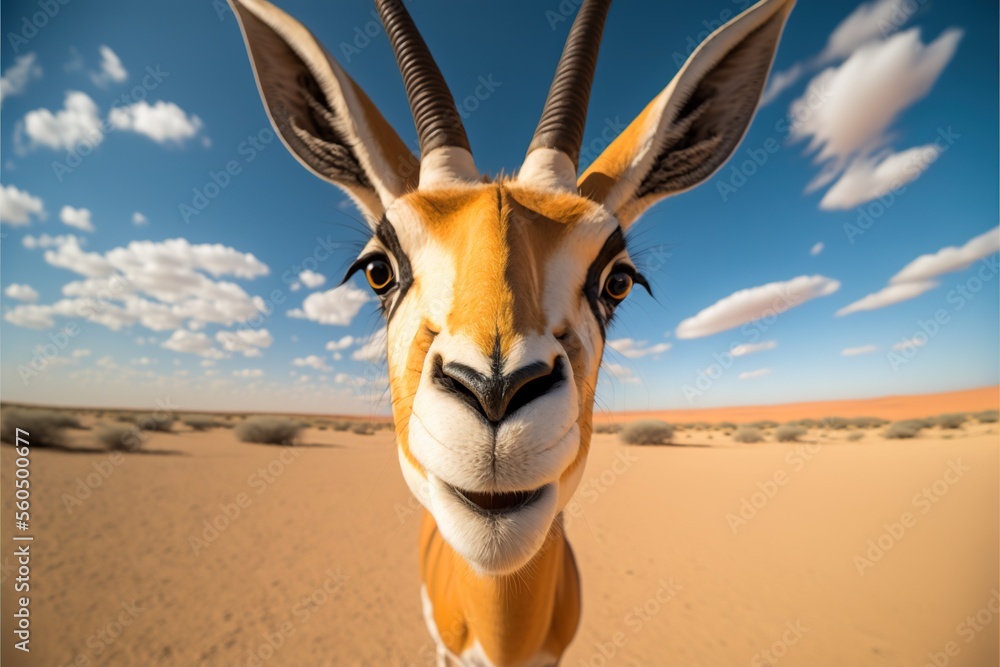 Poster a gazelle with long horns standing in the desert looking at the camera with a blue sky in the backgr