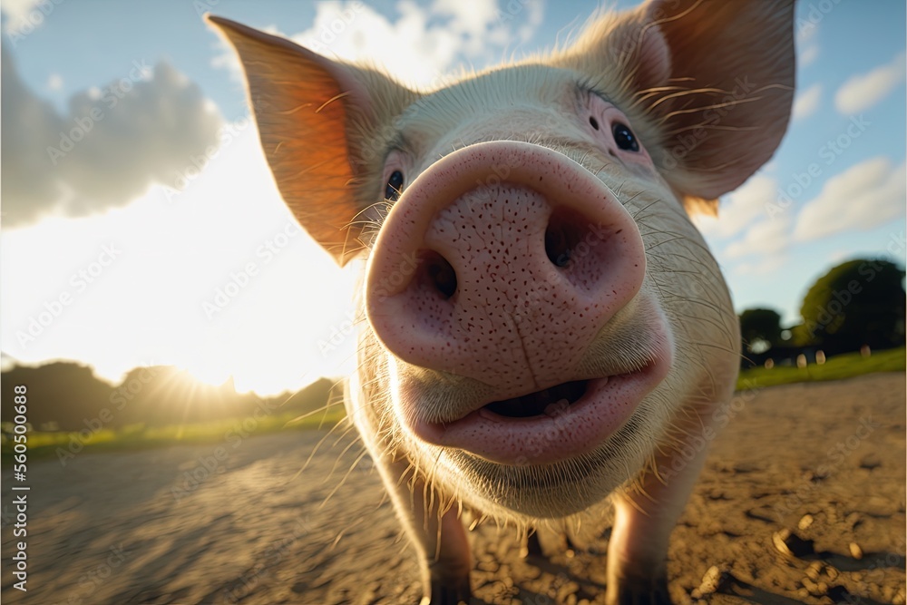 Poster a pig is standing in the dirt with its nose open and it's nose slightly open, with the sun shining b