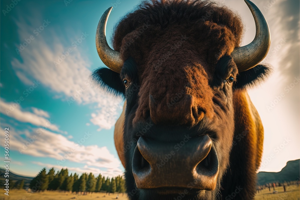 Poster a large buffalo with large horns standing in a field with trees in the background and a blue sky wit