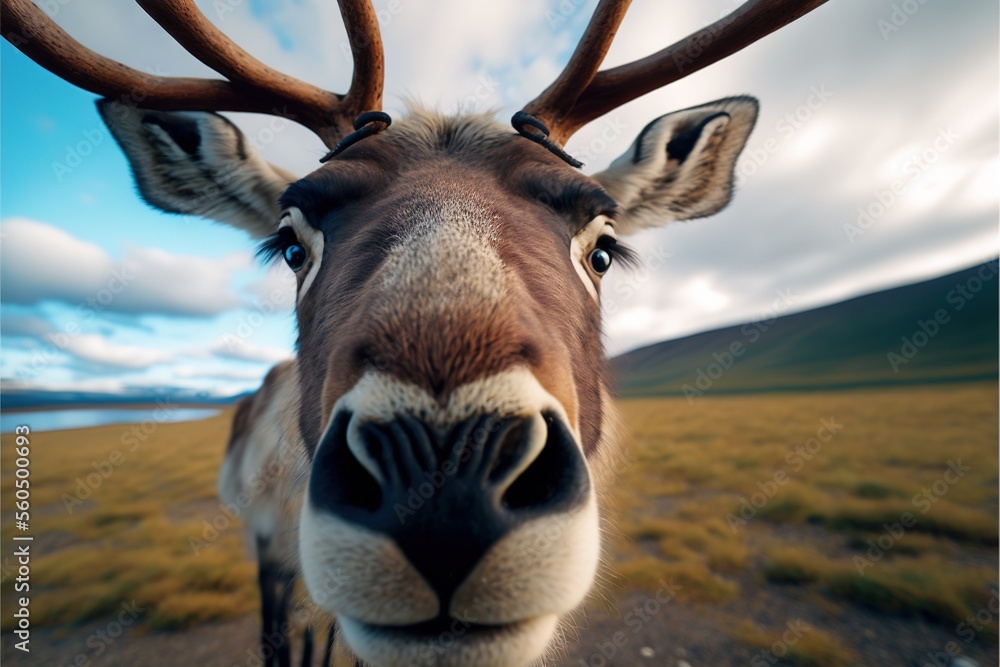 Poster a close up of a deer's face with a sky background and clouds in the background, with a dirt road in 