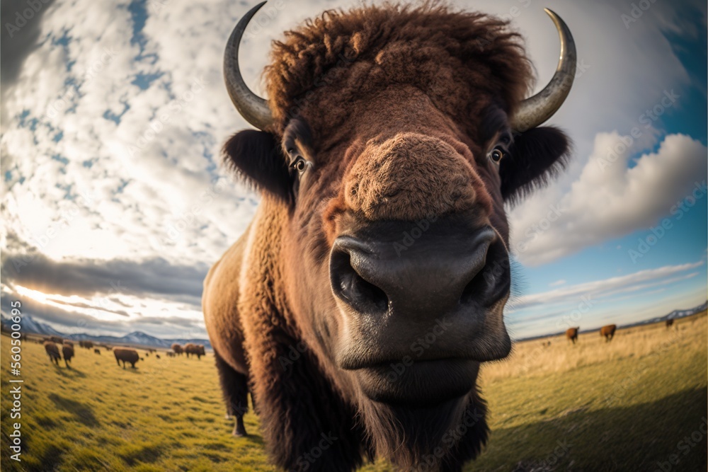 Aufkleber a bison with large horns standing in a field with other animals in the background and clouds in the 