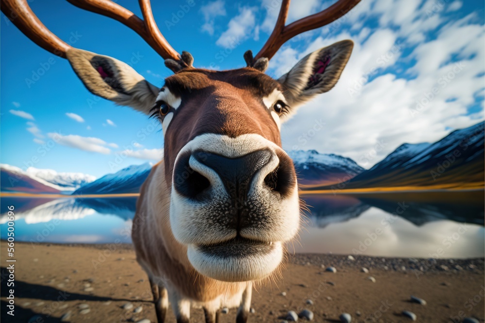Poster a close up of a reindeer's face with mountains in the background and a lake in the foreground with r