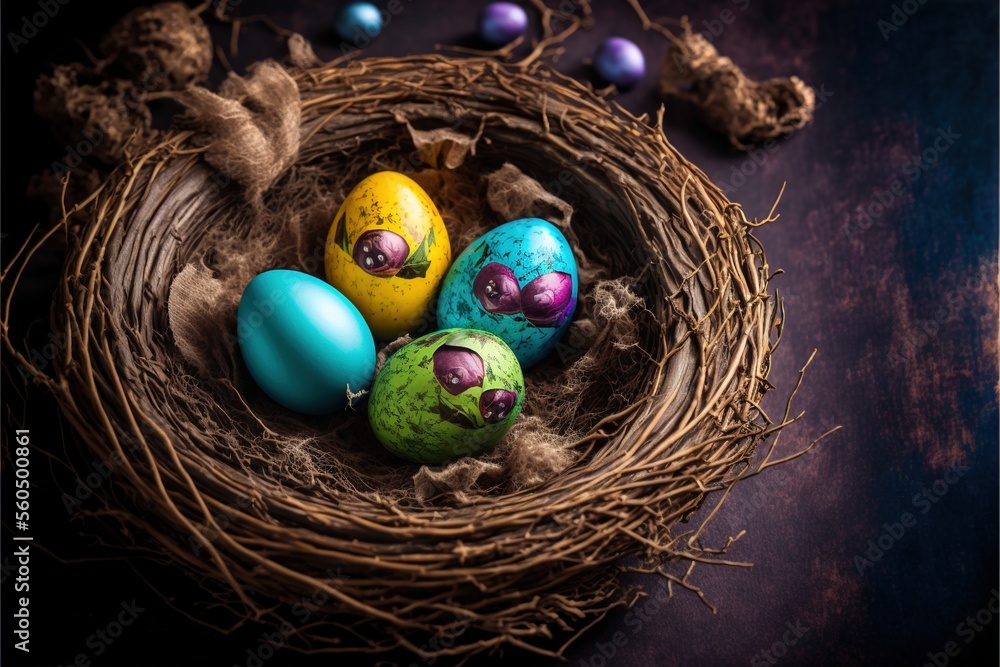 Poster a nest with four eggs in it and a few other eggs in the nest with a bird's nest on top of it, and a 