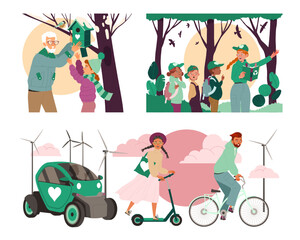 Ecology with People Study and Care About Nature Using Eco Transport Vector Set
