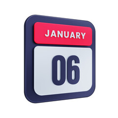 January Realistic Calendar Icon 3D Illustration Date January 06