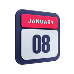 January Realistic Calendar Icon 3D Illustration Date January 08