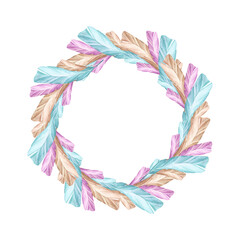 Fototapeta na wymiar Feathers in pastel colors. Festive wreath of colorful feathers. Hand drawn watercolor illustration.