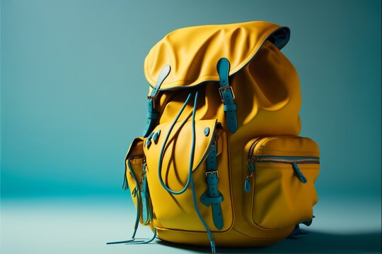 Yellow school bag for studies, blue background. Digital illustration. AI
