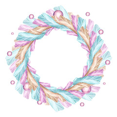 Feathers in pastel colors. A wreath of multicolored feathers with pink pearls. Hand drawn watercolor illustration.