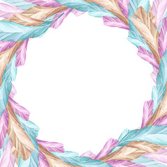 Fototapeta na wymiar Feathers in pastel colors. Festive wreath of colorful feathers. Hand drawn watercolor illustration.