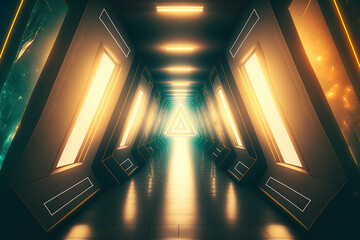 Spaceship corridor in the shape of a triangle. futuristic light filled tunnel futuristic corporate, scientific, and interior backgrounds. Generative AI