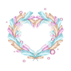 Feathers in pastel colors with pearls. Festive wreath in the shape of a heart of multi-colored feathers.