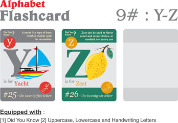 Flashcard alphabet Y Z in 3 different color with information vector