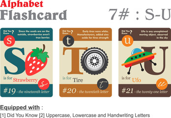 Flashcard alphabet S T U in 3 different color with information vector