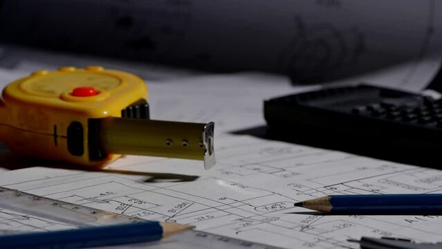 Footage macro of equipment and tools for drafting and estimating on architectural and structural drawings blueprints of construction projects. 