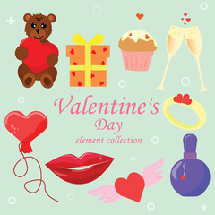 A set of elements for Valentine's Day. The 14th of February. Valentine's Day Vector elements on a blue background.