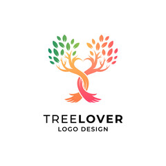 colorful tree with love and hand for conservation, environment and ecology logo 