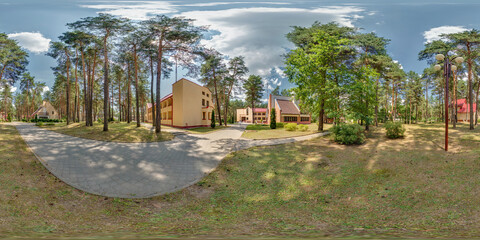 full seamless hdri 360 panorama outside vacation concrete homestead or brick country houses in pinery forest in equirectangular spherical projection in sunny day with clouds in sky