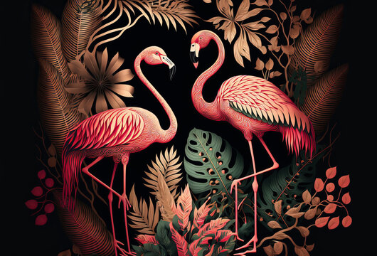 Tropical Art Nouveu, Art Deco Print Design With Leaves And Flamingo. Generative Ai