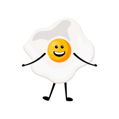 Fried egg with cute face standing cartoon illustration. Chicken egg for breakfast. Happy fried egg character. Easter, cooking, food, emotion concept